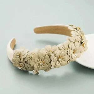 ARIANNA - Vegan Leather Padded/Embellished Rhinestones Flowers Headband - CREAM